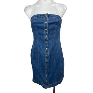 NEW Know One Cares Denim Strapless Bandeau Button Down Mini Bodycon Tube Dress L